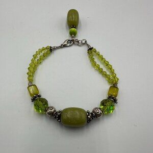 Artisan Bracelet Sterling Silver Beads Clasp Green Glass Dyed Stone Olive Tone